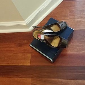Bronze patent leather wedges